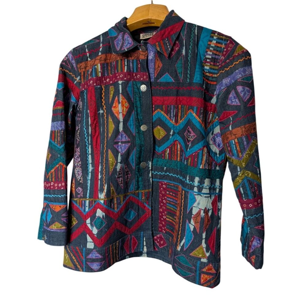 Chicos Design Jacket Large Southwest Embroidered silk applique